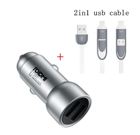 Автомобильное зарядное устройство Xiaomi Roidmi, металлический внешний вид, двойной USB, 5 В, 3,6 А, выход, быстрое зарядное устройство, адаптер для iPhone и Android, Samsung - Тип штекера: with 2in1 cable