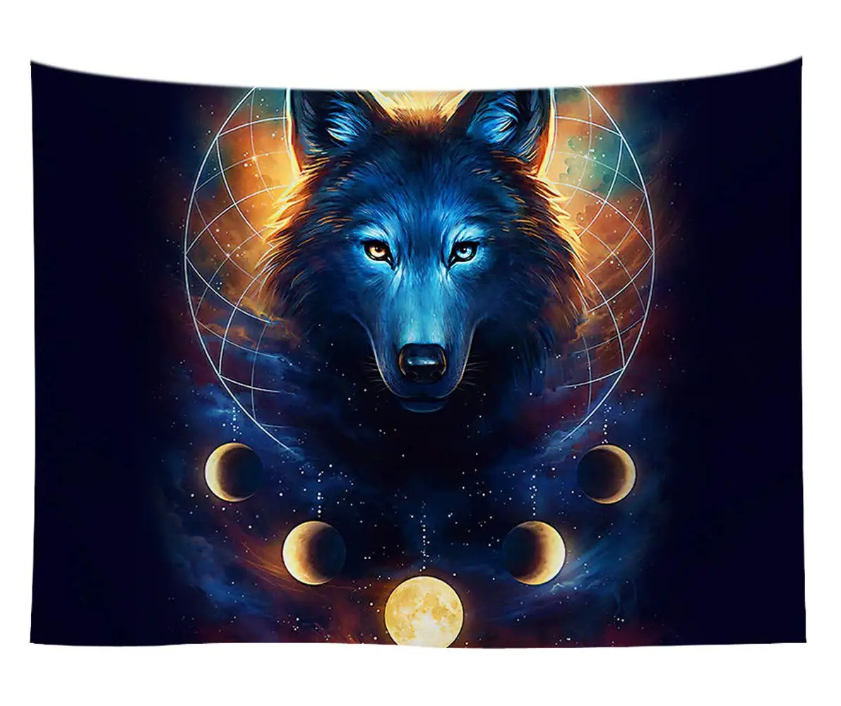 

Blue Universe Galaxy Magic Wolf in The Space Tapestry Wall Hanging