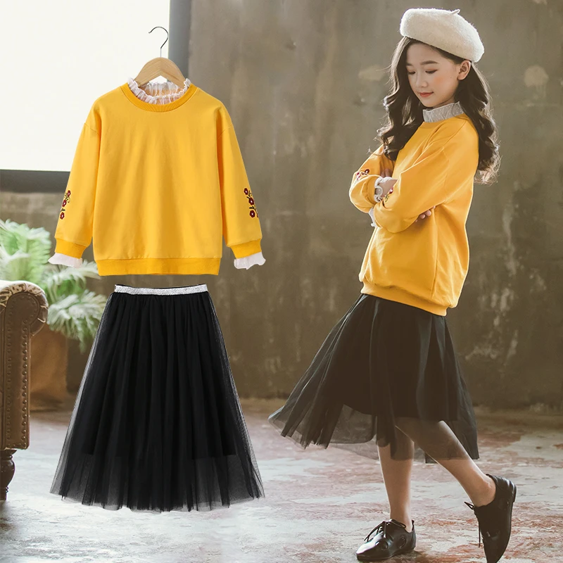 

2020 Spring Autumn Girls Clothes Kids Long Sleeve Embroidery Pullover Top+Mesh Skirt 2pcs Sets Girls Outfits Children Clothing