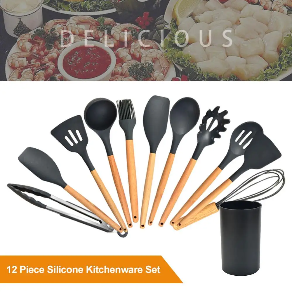 

Silicone Kitchenware Set with Wooden Handle Non-stick Pan Silicone Spatula Scraper Kitchen Tool Silicone Cooking Cookware Set