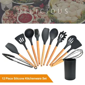 

Silicone Kitchenware Set with Wooden Handle Non-stick Pan Silicone Spatula Scraper Kitchen Tool Silicone Cooking Cookware Set