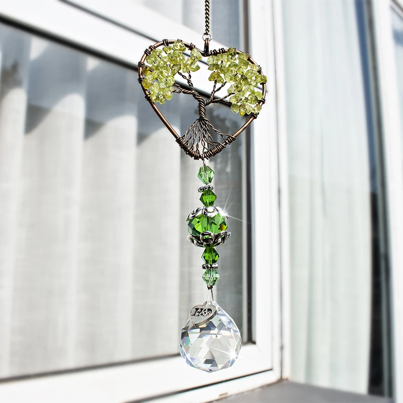 H&D Heart Shaped Crystal Tree of Life Suncatcher Healing Natural Stones Rainbow Maker Window Hanging Ornament Home Garden Decor