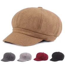 Lady spring Winter Vintage Women's Men's Woolen Octagonal Cap Newsboy Cabbie Cap Casual Beret Hat Outdoor Solid Color Hats