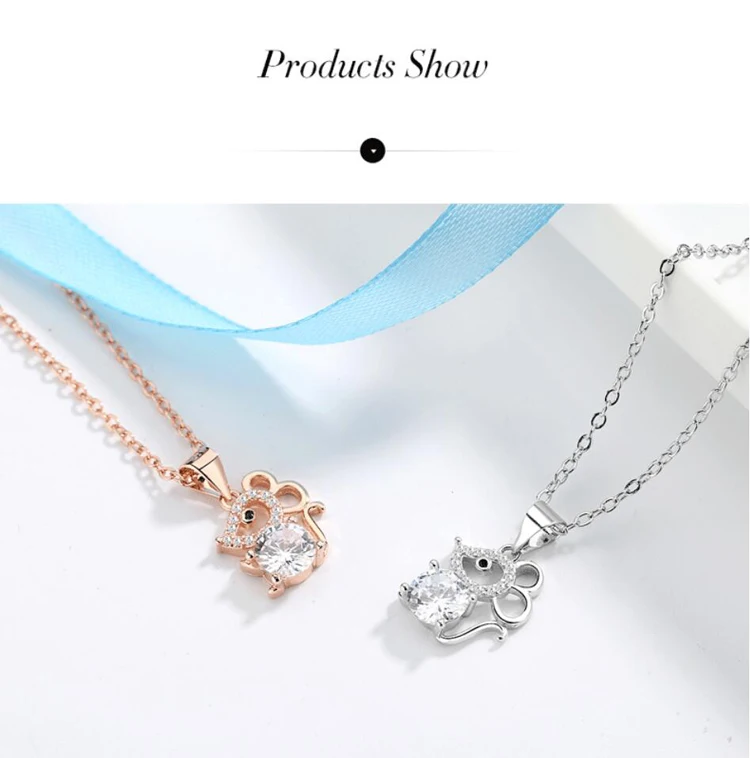 Hot Sale 925 Sterling Silver Necklace For Women Jewelry Trendy Mouse Rose Gold Zircon Pendant Necklace Female New Year Gift