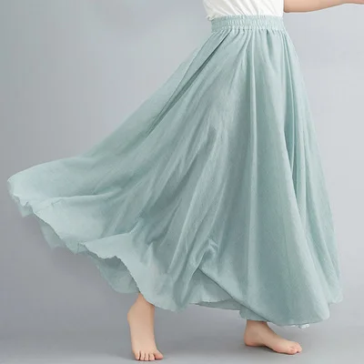 light green skirts Хлопок лен Летняя женская длинная юбка лен хлопок винтажная длинная юбка эластичная высокая талия Бохо макси юбки Винтаж Saia Миди - Цвет: light green skirts