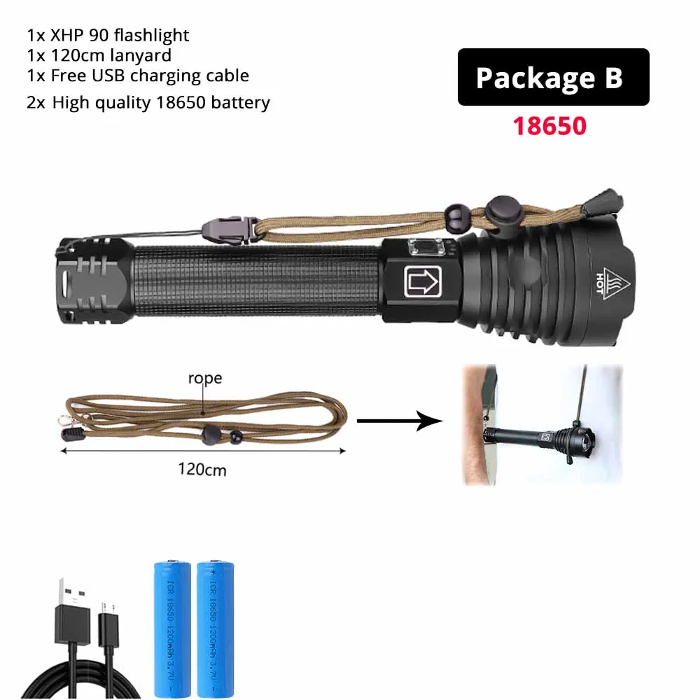 18650-Package B Перезаряжаемый светодиодный светильник-вспышка самый мощный тактический фонарь XHP90 водонепроницаемый масштабируемый охотничий светильник с батареей 18650 или 26650 - Испускаемый цвет: 18650-Package B