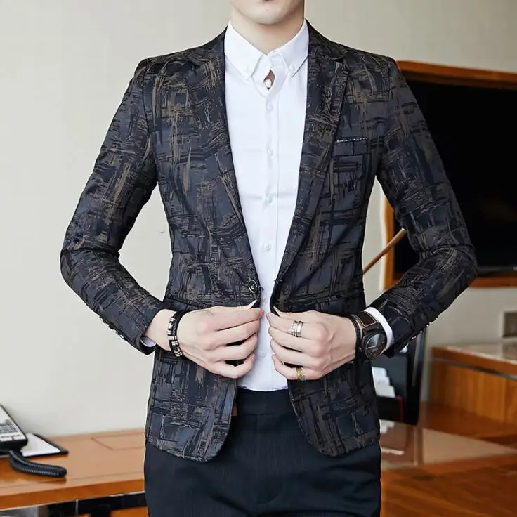 Youth slim casual print suits men blazer masculino slim fit casaco jaqueta masculina coats mens jacket spring - Цвет: Хаки