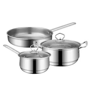 

3pcs/set Stainless Steel Cookware Set Flat Bottom Frying Pan Soup Pot Milk Pot Kit Induction Cooker Cooking Pan for Home Kitchen