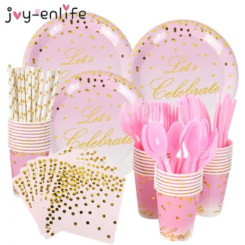 

Gold Dot Pink Disposable Tableware Plate Cup Napkins 1st Birthday Party Decor Children's Day Girl Party Supplies Wedding Decor