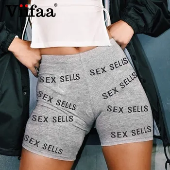

Viifaa Grey High Waist Letter Print Casual Shorts Women 2020 Spring Summer Streetwear Club Outfits Skinny Biker Shorts