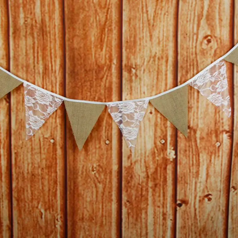 New-Linen Burlap Fabric Bunting Banner Lace Flowers Flag Pennant Banner Wedding Party Cafe Decor