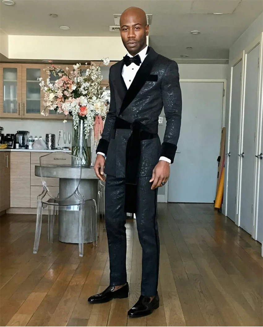 Black Men\'s Suit with Belt Velvet Lapel Jacquard Wedding Groom Tuxedos Dinner Party Custom Made Jacket and Pants 2 Pcs