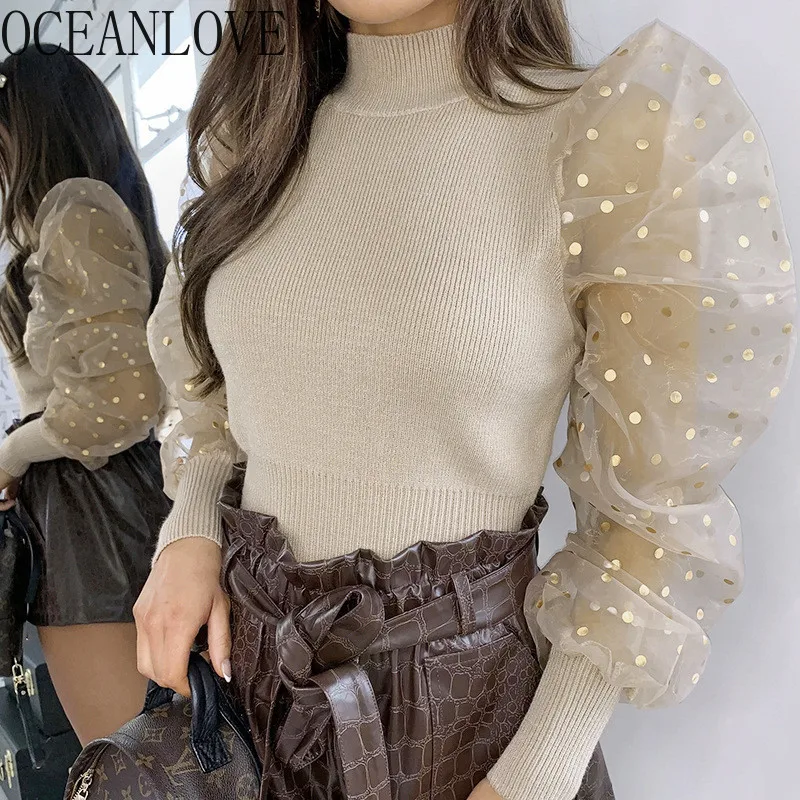 OCEANLOVE Mesh Puff Sleeve Sweaters Women Spring 2020 Sequined Patchwork Pullovers Solid Stretch Ins Sexy Bodycon Tops 13587 | Женская