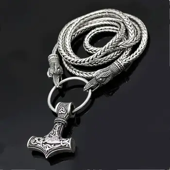 

Norse Viking Raven Pendant Cord Odin's Ravens Of Thor's Hammer amulet Axe Crow Chain Necklaces Men ethnic Jewelry Drop shipping