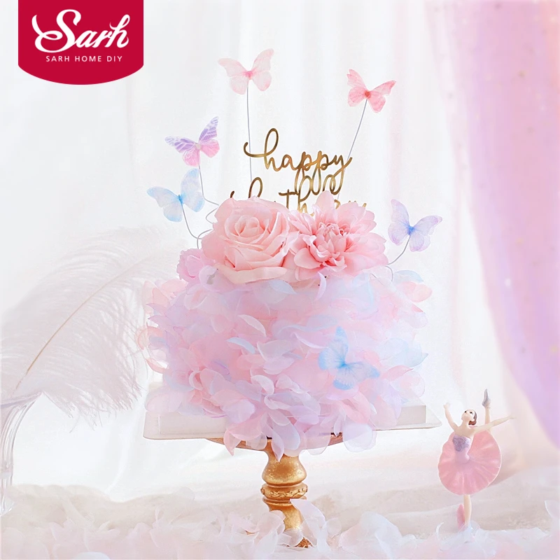 Chiffon Pink Butterfly Cake Topper Acrylic Happy Birthday Flower Cake Border Wedding Party Decoration Baking Supplies Love Gift Cake Decorating Supplies Aliexpress