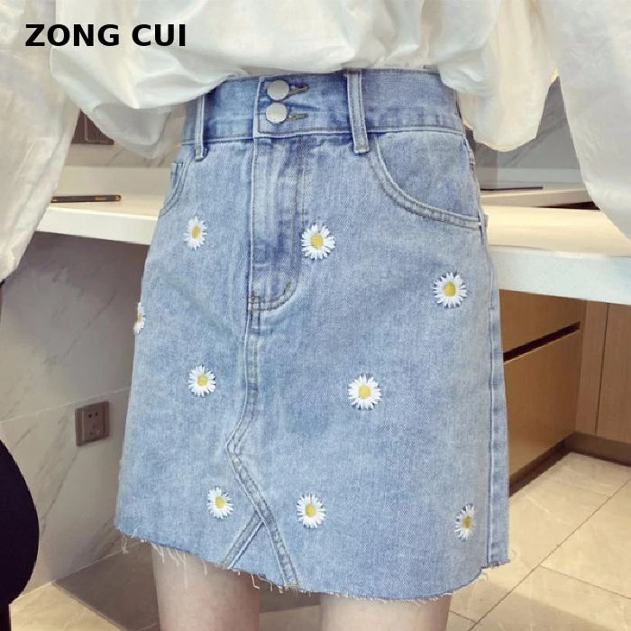 denim skirt with embroidered flowers