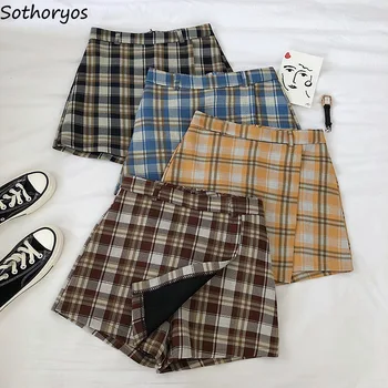 

Shorts Skirts Women Autumn High-waist Plaid Korean Style Casual Zipper Vintage Fashion A-line Students Slim Elegant Simple Chic