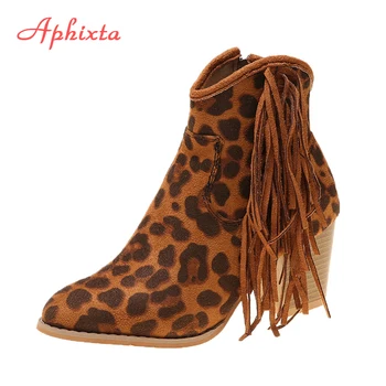 

Aphixta Fringe Leopard Ankle Women Boots Faux Leather Booties Zipper Square Heel Sexy Pointed Toe Boots WomenShoes Dropship