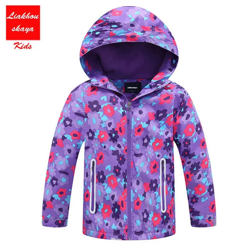 Purple Flower Куртка для девочек; коллекция года; сезон весна; детская флисовая одежда с цветочным принтом; пальто для девочек; ветровка; Верхняя одежда; детская ветрозащитная От 3 до 12 лет из флиса - Цвет: Purple Flower