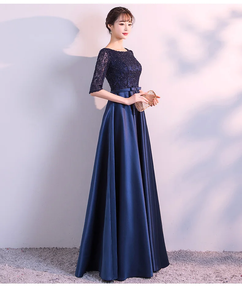 Ladybeauty Новые Длинные Формальные Вечерние платья элегантные кружевные атласные темно-синие женские вечерние платья