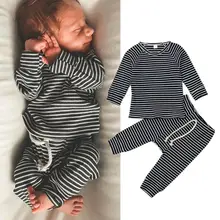 Одежда для новорожденных мальчиков и девочек от 0 до 24 месяцев мягкие хлопковые топы в полоску с длинными рукавами+ длинные штаны осенняя одежда Комплекты из 2 предметов