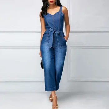 

Solid Fashion Plus Size Jumpsuits Romper Denim Office Lady Overalls for Women Spaghetti Strap Sleeveless Outerwear