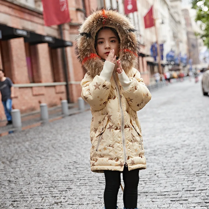 Пуховик для девочек 4-12 лет, новая детская зимняя Модная парка в Корейском стиле со звездами, детское теплое длинное пальто с меховым воротником и капюшоном - Цвет: Цвет: желтый