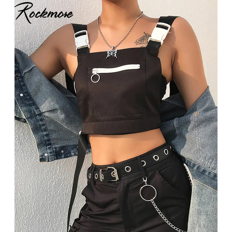 Rockmore Moto Байкерский панельный топ на бретелях с пряжкой и ремешками для женщин, укороченный топ Femme, уличная одежда для фитнеса, гимнастический жилет с прорезными карманами для женщин