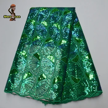 

Green color nigerian lace fabric 2020 embroidery african french lace with sequins for wedding dress