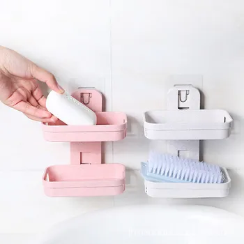 

Creative Double Layer Soap Dish Hole Punched Sucker Household Toilet Bathroom Water Draining Storage Shelf Care Soap Box