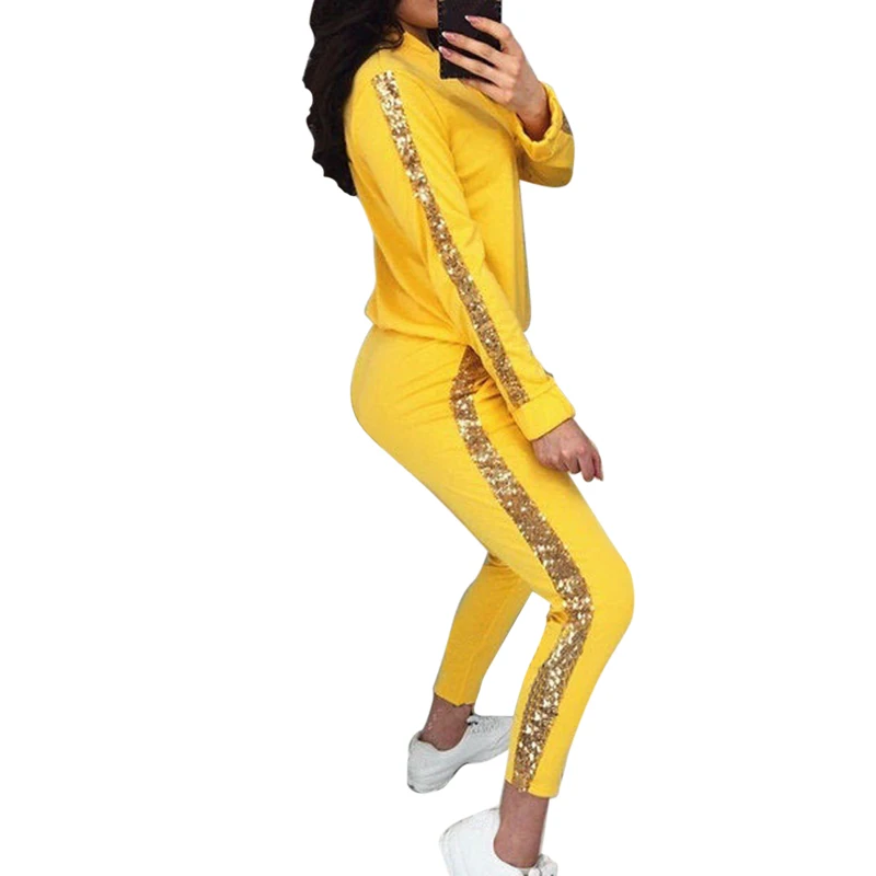 yellow Новинка, женский спортивный костюм, комплект из 2 предметов, длинный рукав, толстовка с капюшоном, толстовка с леггинсами для фитнеса, Женский Повседневный Спортивный костюм, комплект для йоги - Цвет: yellow