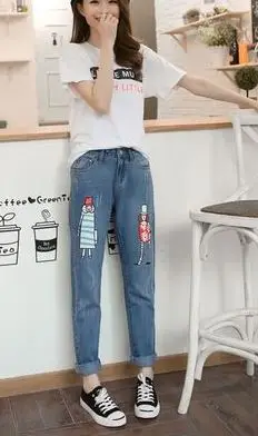 light blue style 1 Горячая Распродажа, джинсы для женщин, ковбойские штаны длиной до щиколотки, весенне-осенние тонкие штаны с рисунками для студентов, для отдыха, Забавные милые женские - Цвет: light blue style 1
