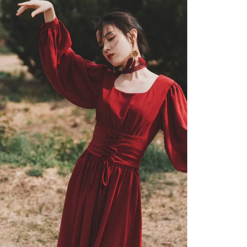 

Vintage Women Linen Dress Spring Tourism Red Skirt Autumn Red Waist High Waist Long Sleeve Maxi Dress Fashion Beach Slim Elegant