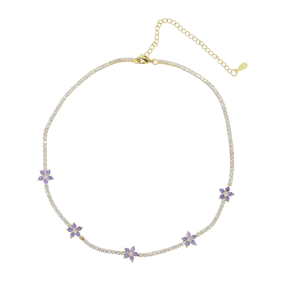 purple necklace Романтическая тонкая теннисная цепочка с фианитами, Пастельная красочная подвеска в виде цветка маргаритки для женщин и девочек, элегантный нежный браслет, ожерелье, ювелирный набор - Окраска металла: purple necklace