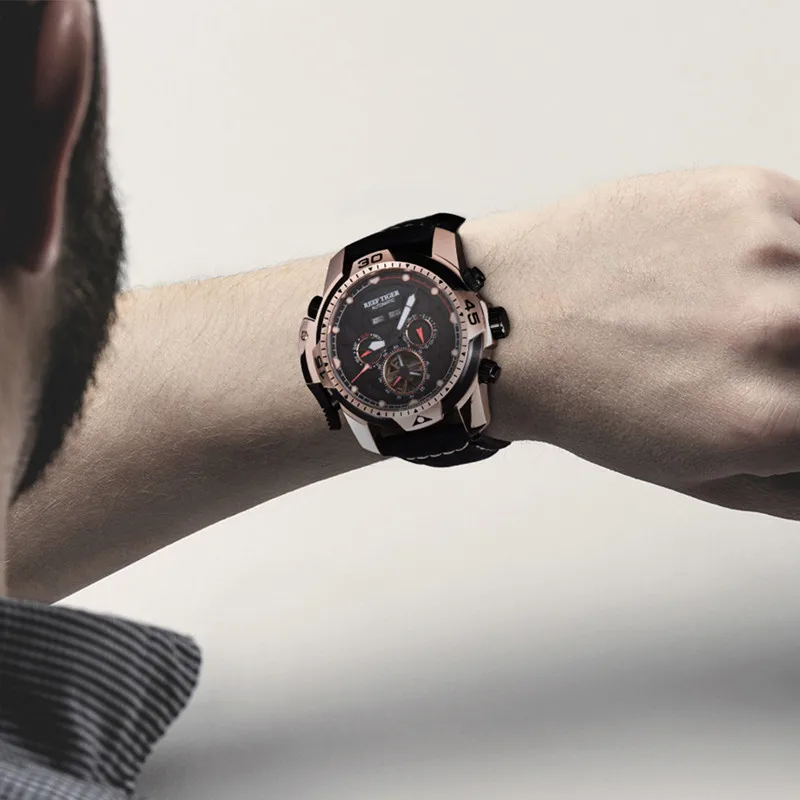 Риф Тигр механический многофункциональный Бренд Tourbillon спортивные мужские часы кожаный ремешок Топ Роскошные водонепроницаемые автоматические часы+ коробка