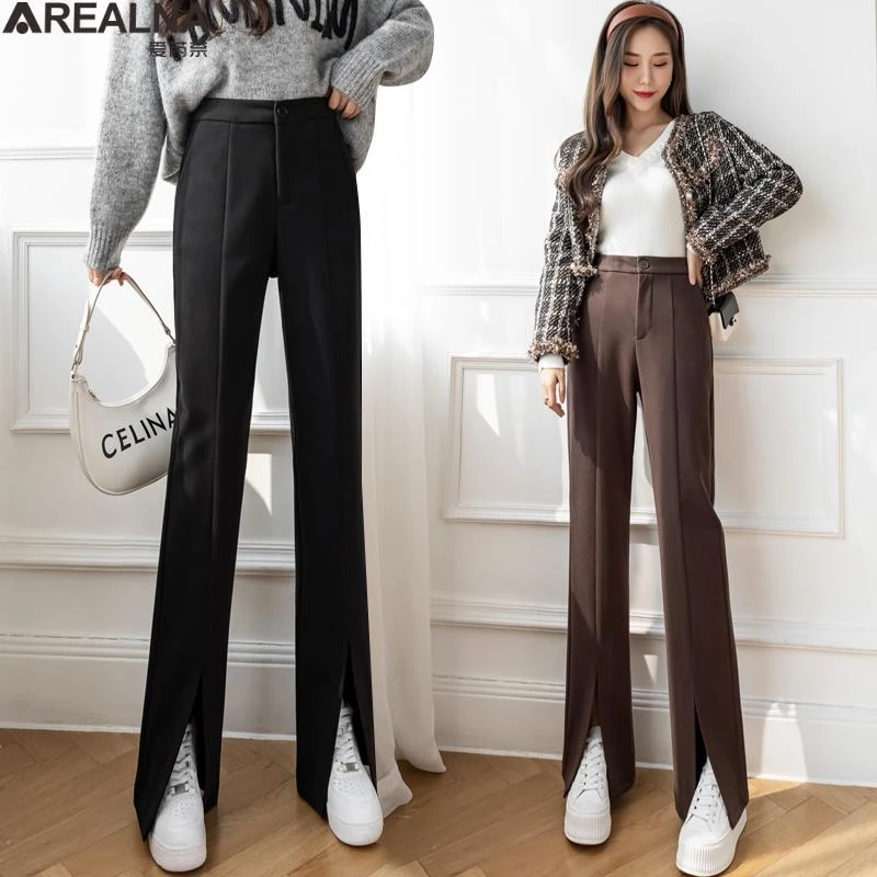 Koreaanse Mode Hoge Taille Split Wijde Pijpen Broek Voor Vrouwen Fall  Winter Vrouwelijke Vloer Lengte Wollen Suits Broek Dames lange Broek|Broek  & capris| - AliExpress