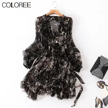 

Vintage Black Floral Printed Silk Dresses For Women 2020 Summer Elegant V-neck Long Sleeve Ruffles Irregular Pleated Dress