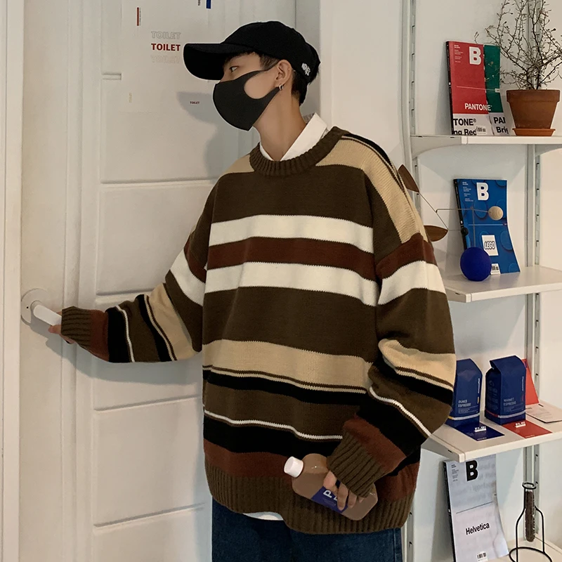 Striped Sweater Men Warm Fashion Contrast Color Casual O-neck Knit Pullover Men Streetwear Knitting Sweaters Male Sweter Clothes