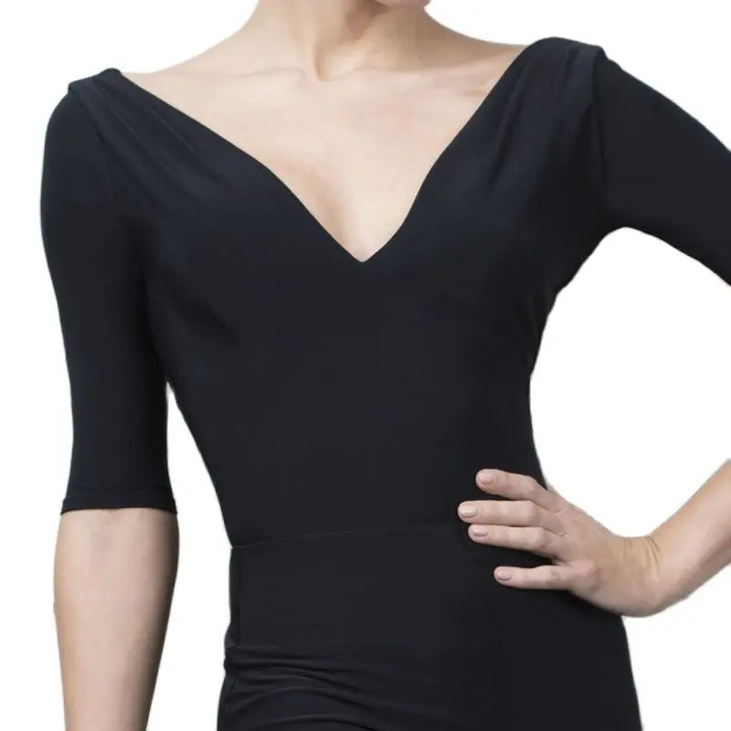 New Black Leopard Latin Dance Tops Women Costume V Neck Half Sleeves Latin Practice Wear For