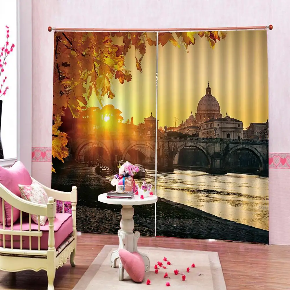 Maple Leaf In The Sunset Curtains European Old Castle 3d Landscape Curtains For Living Room Bedroom Blackout Curtains Curtains Aliexpress
