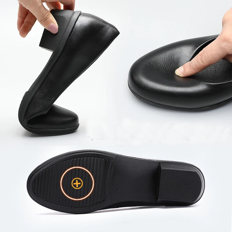 Zwart Lederen Vrouwen Werkschoenen Zool Dikke Hak Ronde Hoofd Schoenen Zachte Zool Professionele Antislip Hotel Werkschoenen