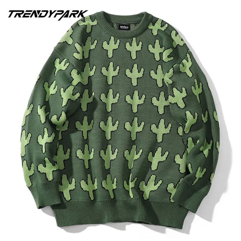 Свитера Для мужчин в стиле хип-хоп клетку с принтом кактуса Knittwear s свитер Harajuku