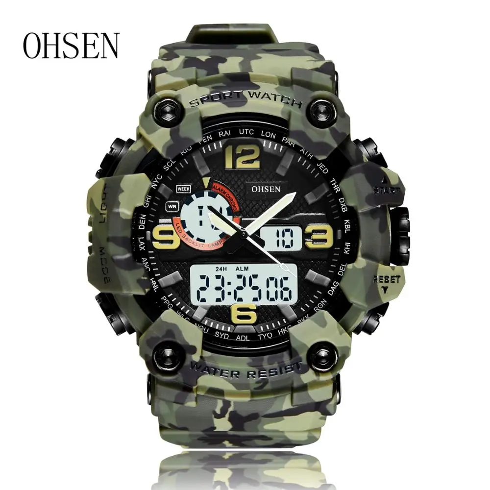Fashion Quartz Digital Men Watch Dual time Army Green Sport Man Wristwatches reloj hombre Waterproof Led Male Diver Watches Gift