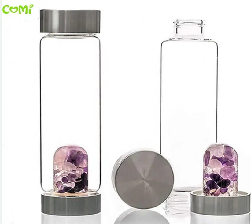 

U-Shape Natural Gravel Crystal Water Bottle Quartz Crystal Gemstone Tea Bottle Wand Point Healing Crystal Glass Bottle Gift