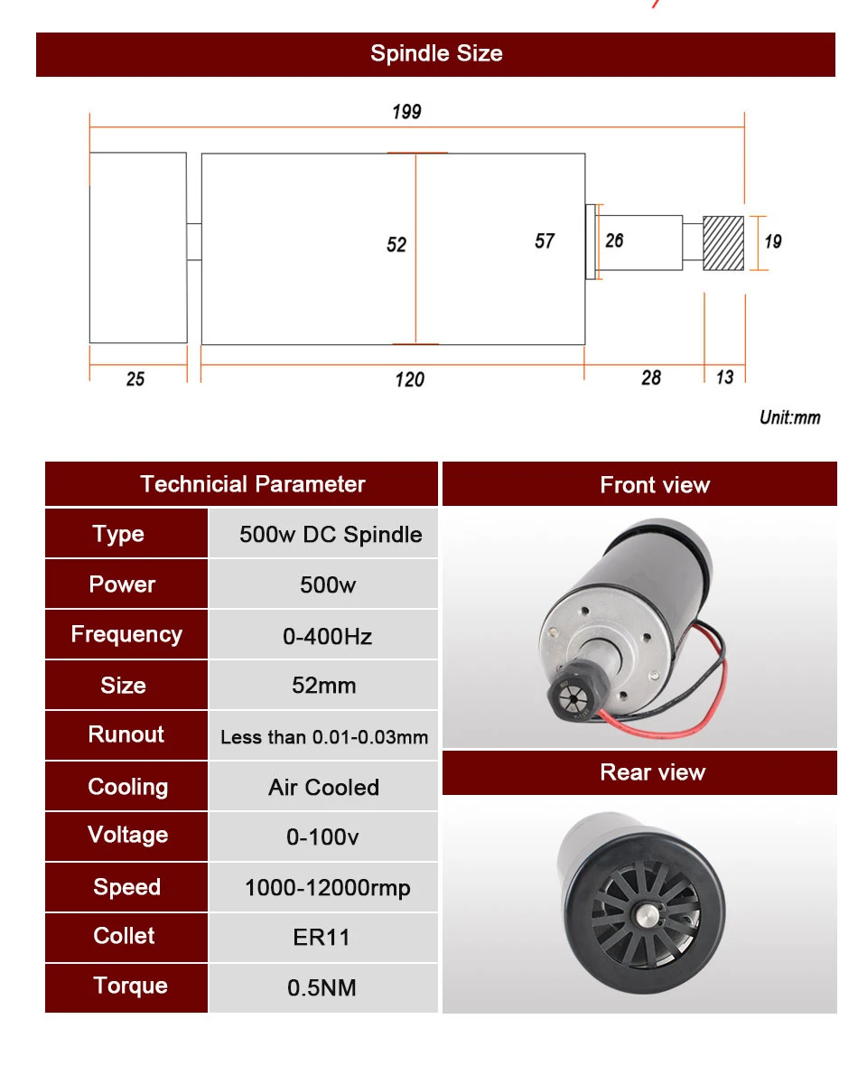 500 Вт шпиндель с воздушным охлаждением ER11 CNC 0,5 кВт мотор шпинделя+ Регулируемый источник питания 52 мм зажимы ER11 цанговый патрон для гравировального станка
