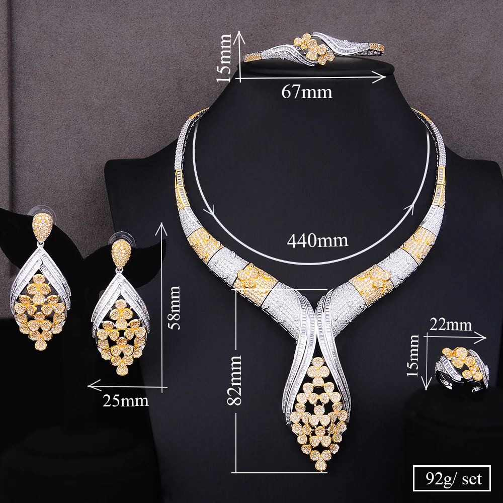 GODKI 3 Colors Gorgeous Luxury 4PCS Clear Bangle Ring Necklace Dangle Earring Jewelry Set for Women Bridal Wedding Jewelry Sets