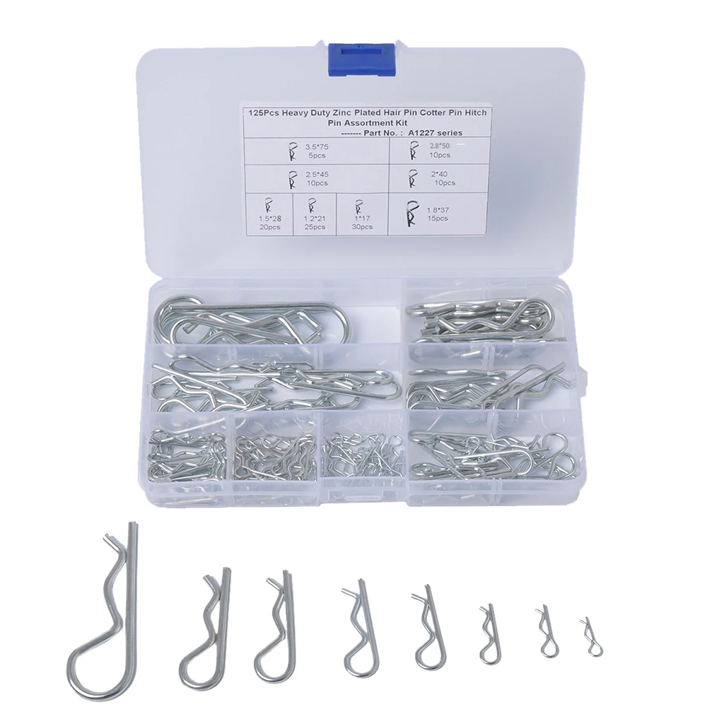 R Cotter Pin Tractor Pin Clip Assortment Fastener Set 8 Different Sizes with Plastic Box Set of 125pcs