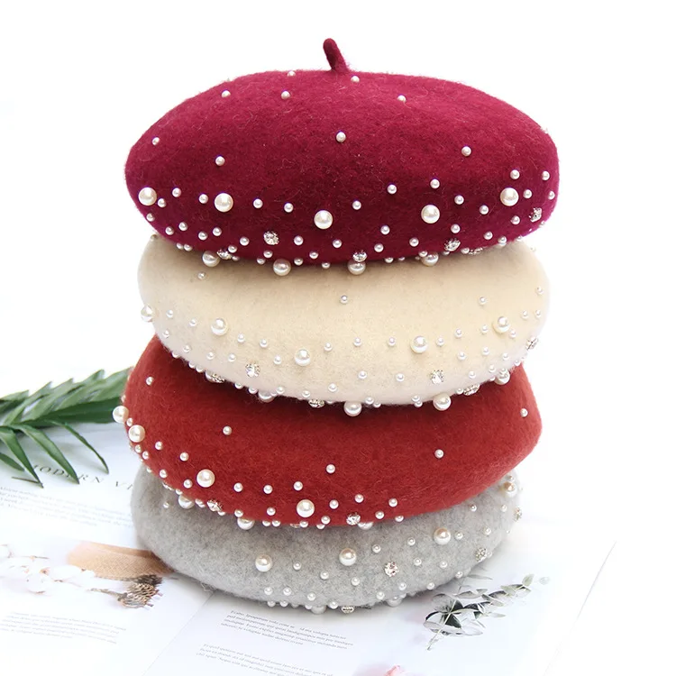 

Fashion New Women Wool Cashmere Solid Color Beret Female Bonnet Caps Winter All Matched Warm Walking Hat with pearl