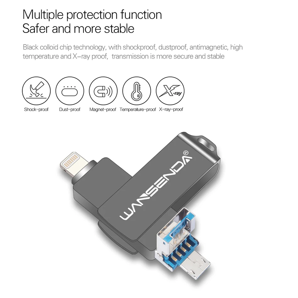 Wansenda OTG USB флеш-накопитель USB3.0 для iPhone/iPad/IOS/Android/PC 128 Гб 64 ГБ 32 ГБ 16 ГБ 8 ГБ флеш-накопитель 3 в 1 высокоскоростной флеш-накопитель