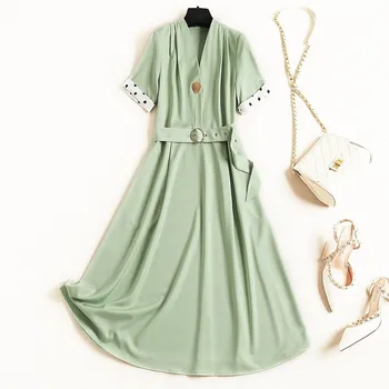 

Elegant Female Dress Summer 2020 New Designers Woman Clothes Short Sleeve V Neck Solid Mid Calf Aline Casual Office Dresses